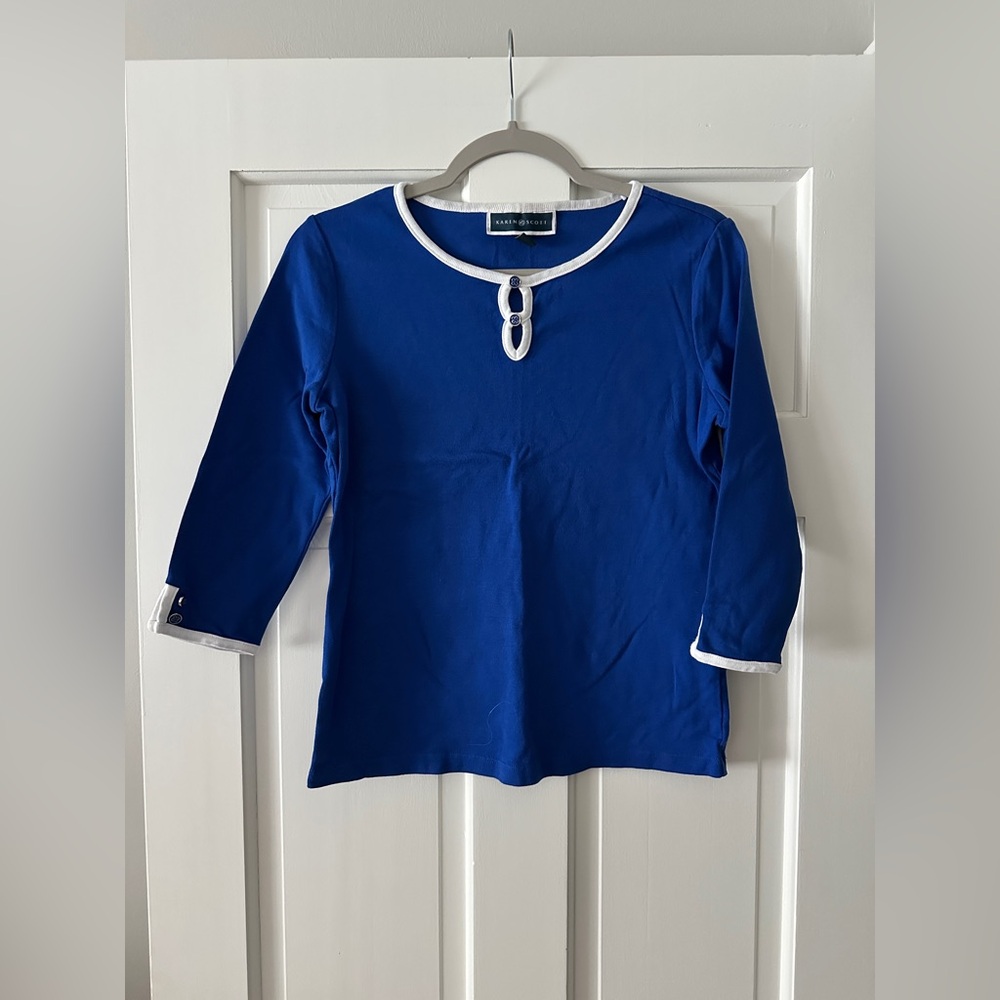Karen Scott Keyhole Neckline 3/4 Length Sleeve 100% Cotton Shirt